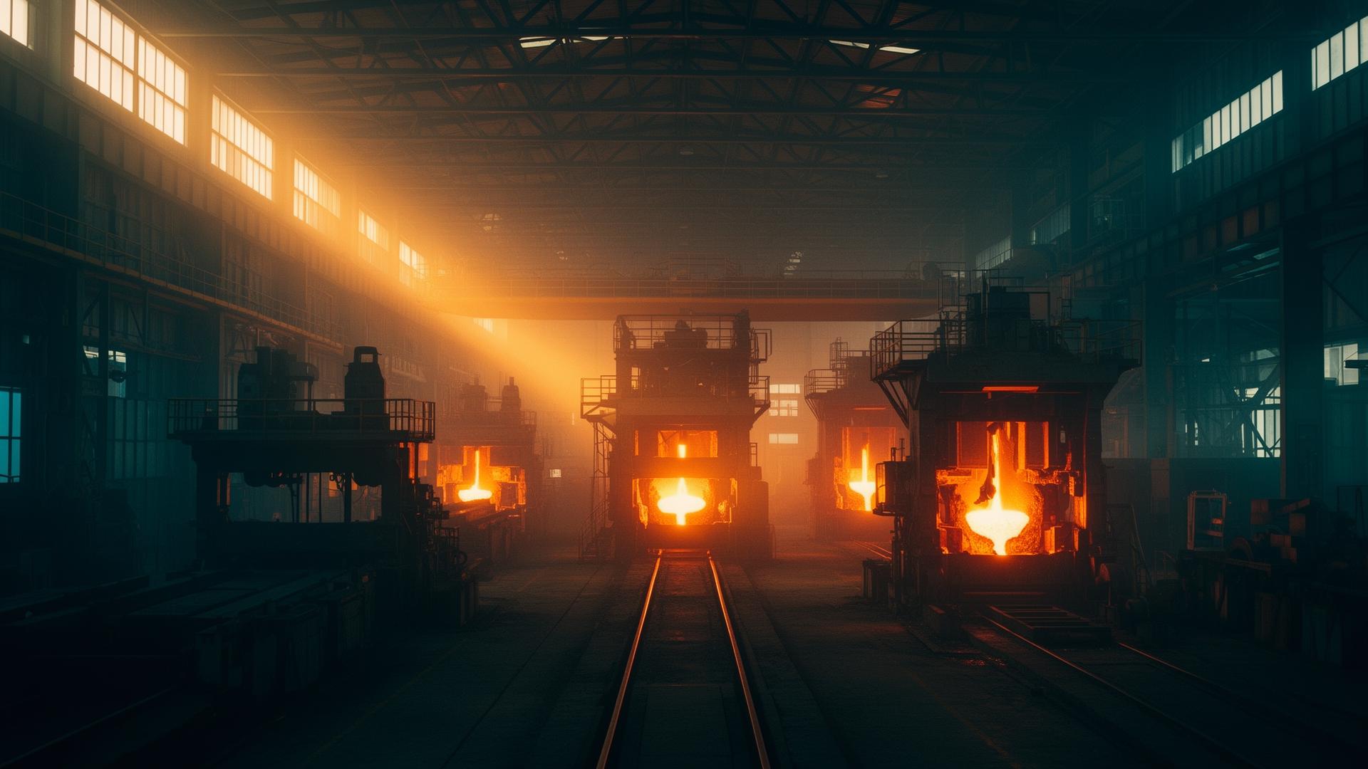 Industrial plant interior with molten metal furnaces at golden hour